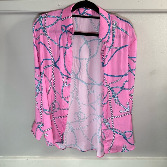 Shein Pink Blue Nautical Anchor Print Blouse Button Down Top - Picture 1 of 8